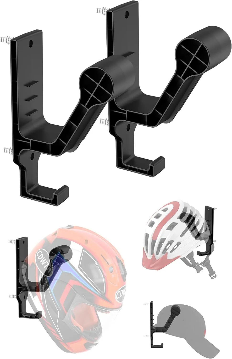 2 Pack Motorcycle Helmet Rack Helmet Wall Mount for Bike Helmet/Tactical Helmet/Football Helmet Hanger Hooks for Jackets, Coats, Caps and More (Black)