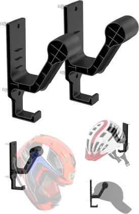 2 Pack Motorcycle Helmet Rack Helmet Wall Mount for Bike Helmet/Tactical Helmet/Football Helmet Hanger Hooks for Jackets, Coats, Caps and More (Black)