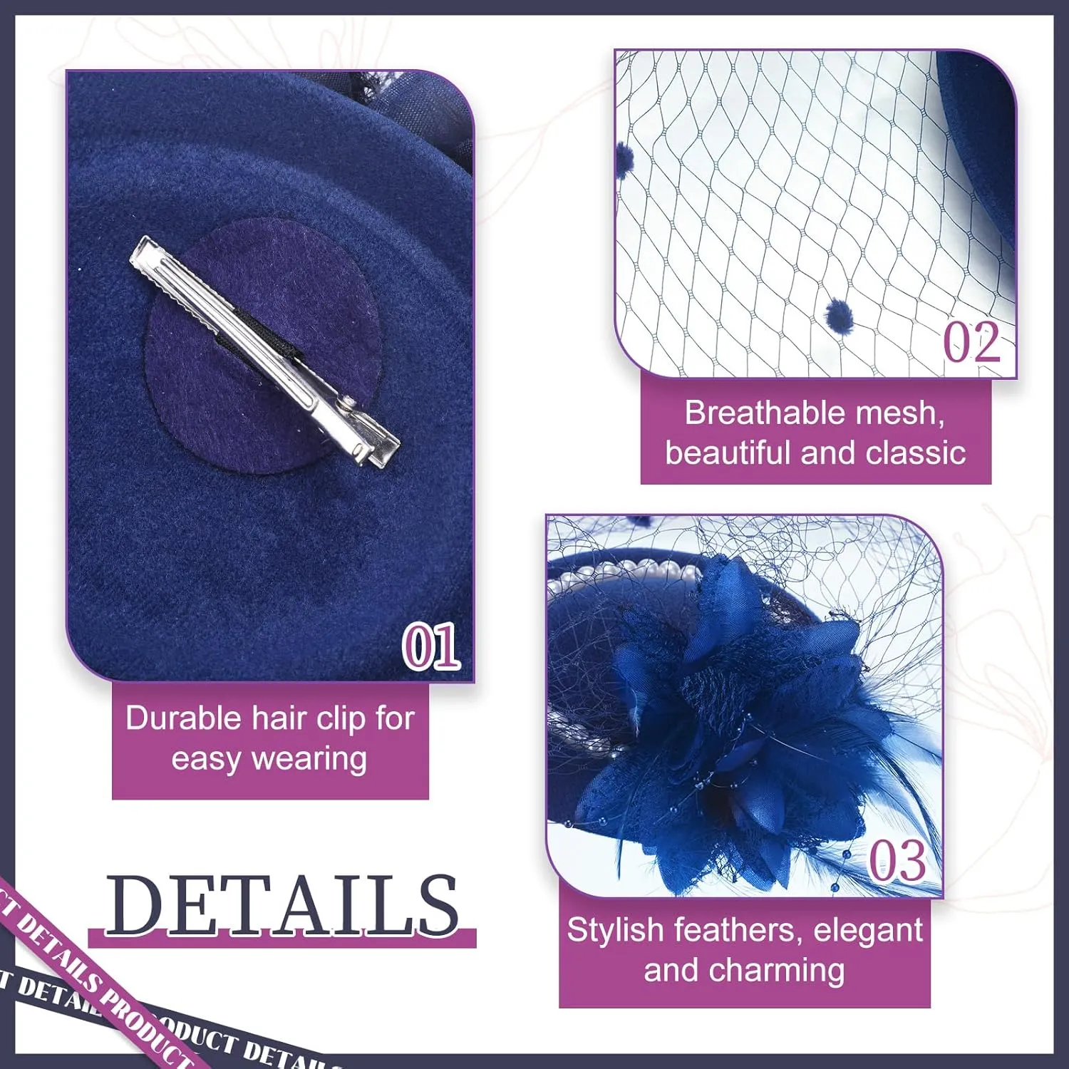 3 Pieces Fascinator Hat for Women Tea Party Derby Hat with Veil Feather Funeral Headpiece Lace Gloves Pearl Necklace