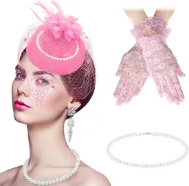 3 Pieces Fascinator Hat for Women Tea Party Derby Hat with Veil Feather Funeral Headpiece Lace Gloves Pearl Necklace