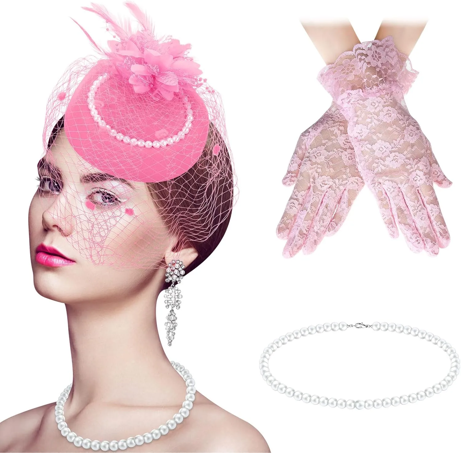 3 Pieces Fascinator Hat for Women Tea Party Derby Hat with Veil Feather Funeral Headpiece Lace Gloves Pearl Necklace