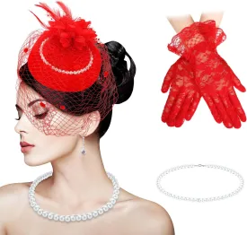 3 Pieces Fascinator Hat for Women Tea Party Derby Hat with Veil Feather Funeral Headpiece Lace Gloves Pearl Necklace