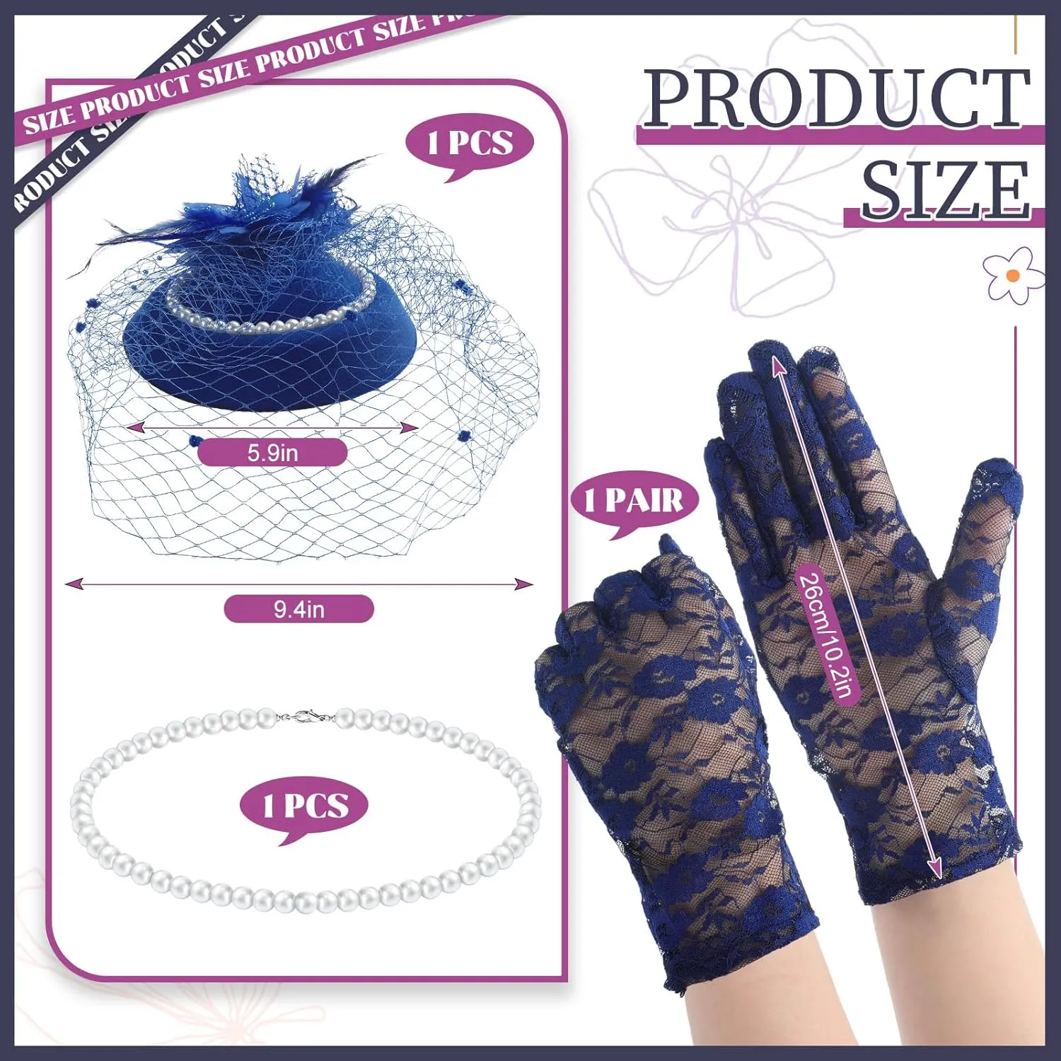 3 Pieces Fascinator Hat for Women Tea Party Derby Hat with Veil Feather Funeral Headpiece Lace Gloves Pearl Necklace