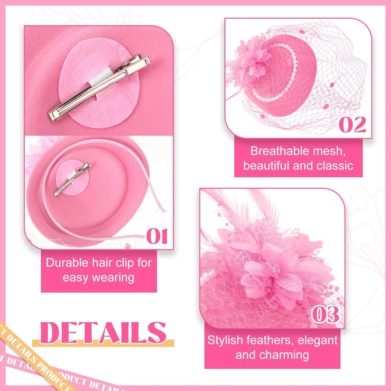 3 Pieces Fascinator Hat for Women Tea Party Derby Hat with Veil Feather Funeral Headpiece Lace Gloves Pearl Necklace