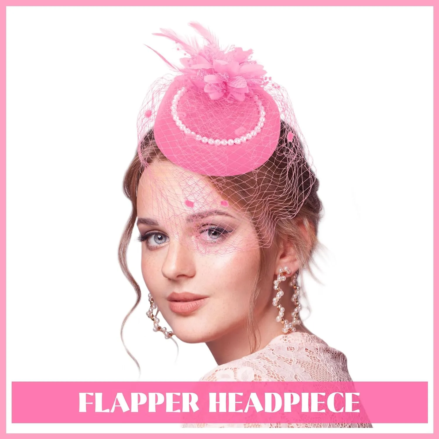 3 Pieces Fascinator Hat for Women Tea Party Derby Hat with Veil Feather Funeral Headpiece Lace Gloves Pearl Necklace