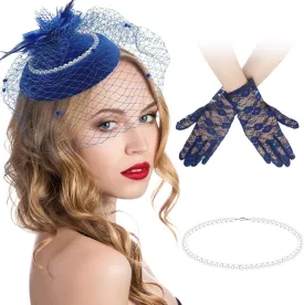 3 Pieces Fascinator Hat for Women Tea Party Derby Hat with Veil Feather Funeral Headpiece Lace Gloves Pearl Necklace