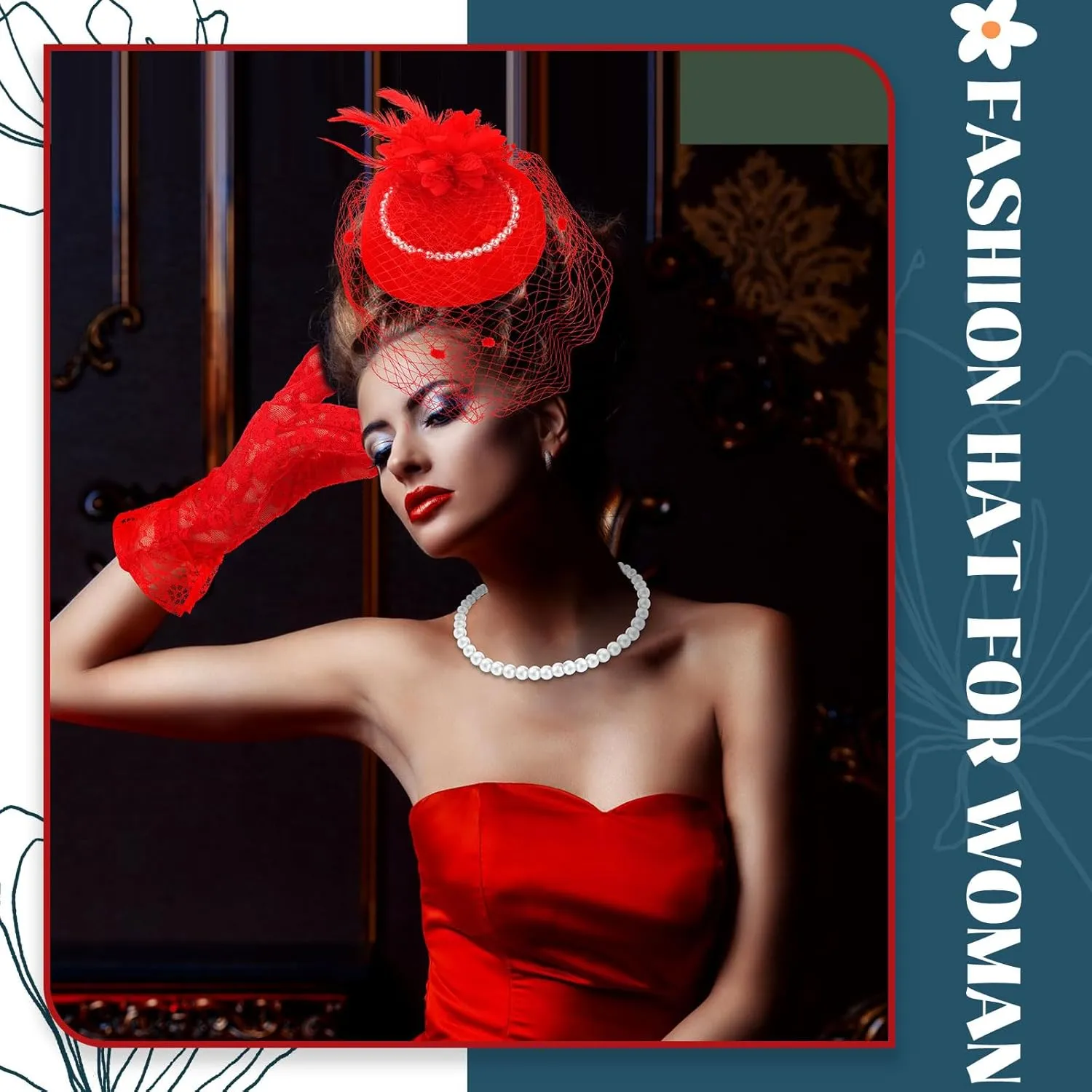 3 Pieces Fascinator Hat for Women Tea Party Derby Hat with Veil Feather Funeral Headpiece Lace Gloves Pearl Necklace