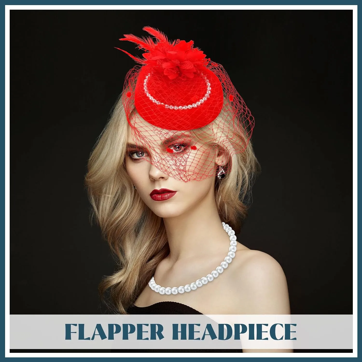3 Pieces Fascinator Hat for Women Tea Party Derby Hat with Veil Feather Funeral Headpiece Lace Gloves Pearl Necklace