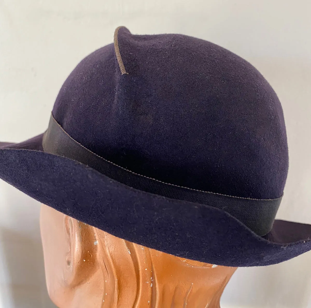 30s Vintage Women's Fedora Hat Slouch Film Noir Dark Blue Stitched Low Crown VFG