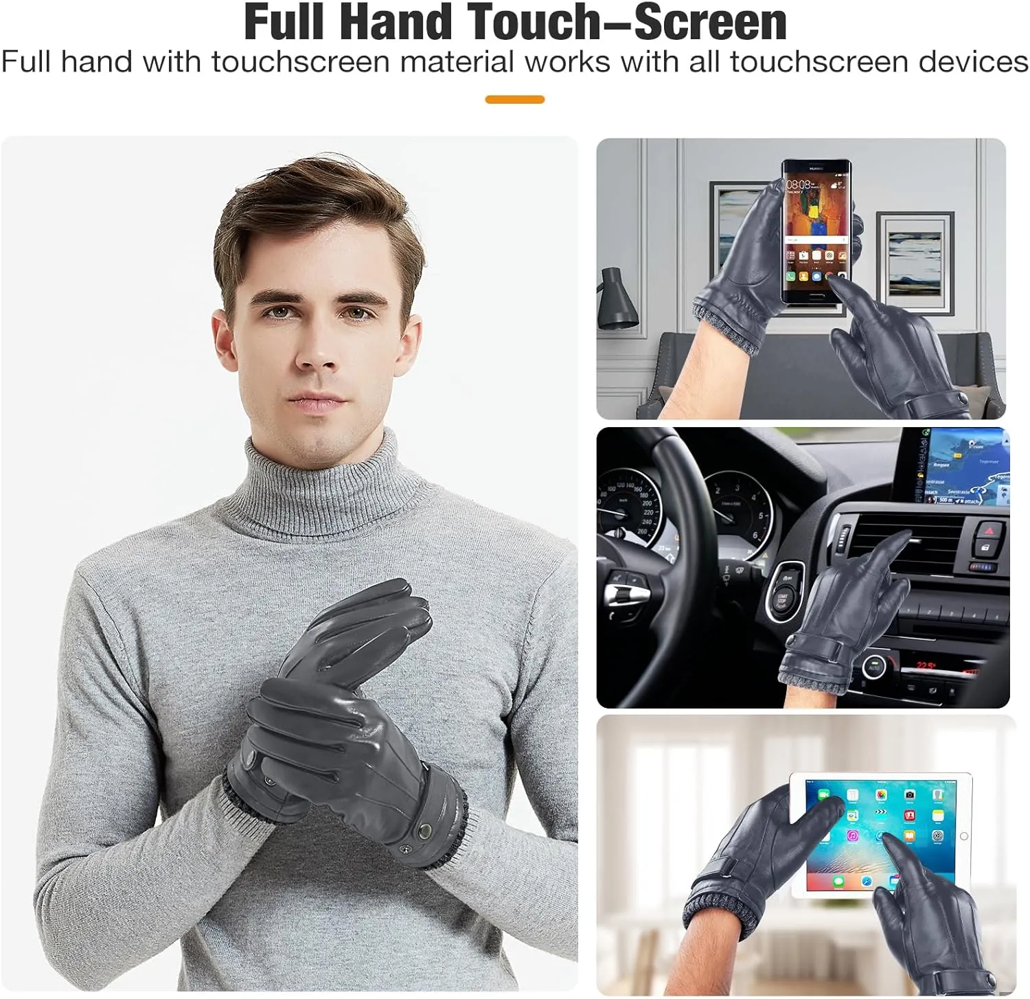 Aegend Leather Gloves for Men, Soft Warm Lining Full Hand Touchscreen Winter Gift Thermal