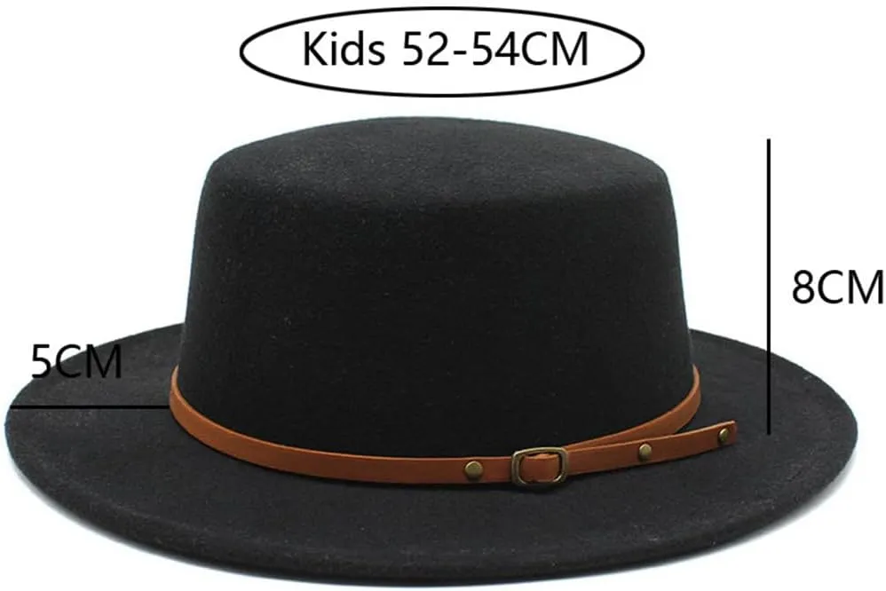 British Style Child Fedora Hats Boy Girls Kids Flat Top Felt Jazz Hat Formal Party Dress Cap