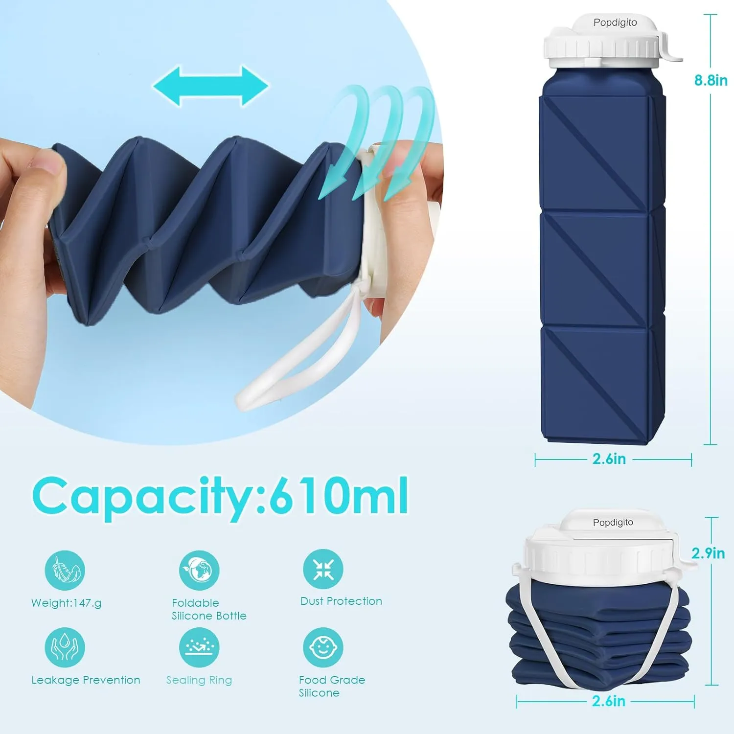 Collapsible Water Bottles 20.7oz Collapsible Water bottle Leakproof with Straw Lid Food-Grade BPA-Free Silicone Travel Foldable Water Bottles for Sports Office Gym Hiking Driving 610ML