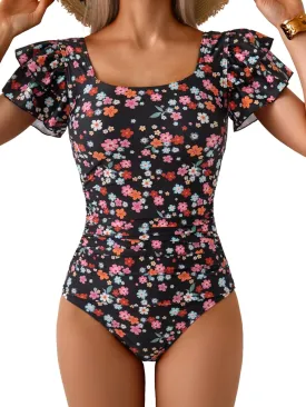 Eomenie Women's Tummy Control One Piece Swimsuit Ruffle Square Neck Bathing Suit Ruched Cutout Back Slimming Swimwear