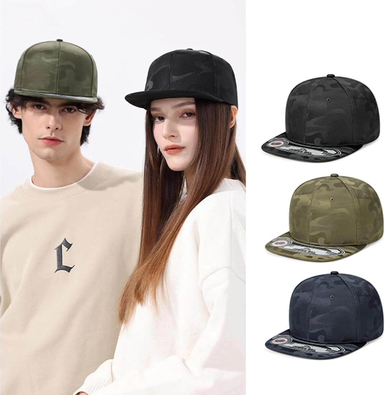 Flat Bill Baseball Caps for Men Women Camouflage Snapback Structured Vistor Hats Hip-Hop Flat Brim Trucker Hat FTC01