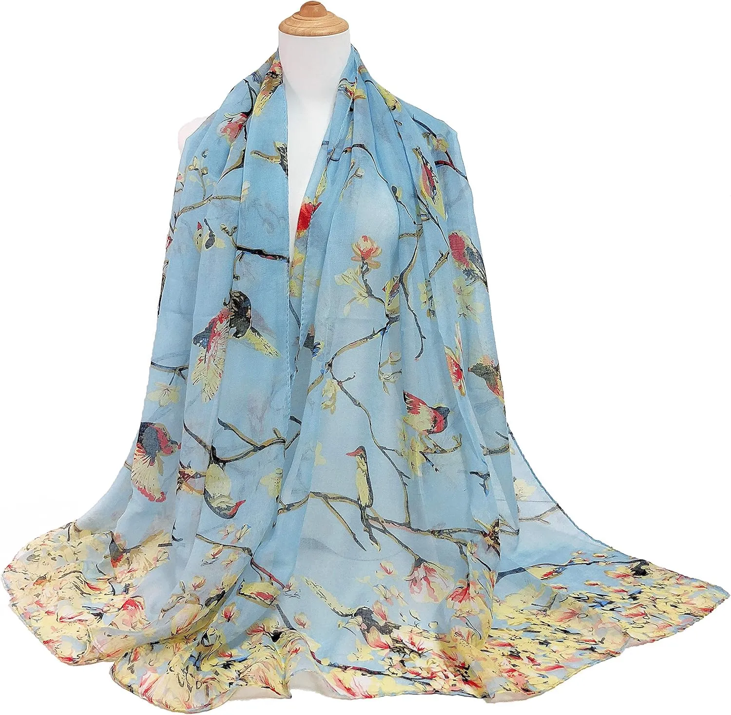 GERINLY Scarfs for Women Lightweight Floral Birds Print Cotton Scarves and Wraps for Summer Shawl