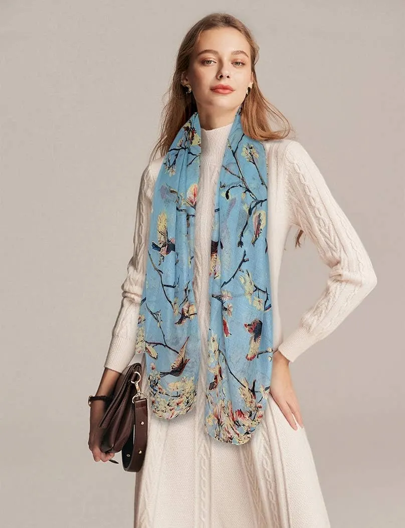 GERINLY Scarfs for Women Lightweight Floral Birds Print Cotton Scarves and Wraps for Summer Shawl