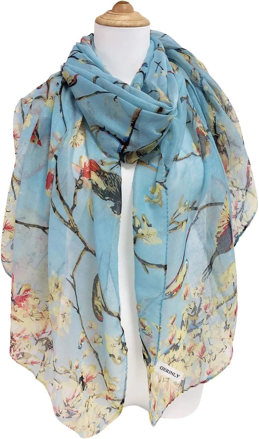 GERINLY Scarfs for Women Lightweight Floral Birds Print Cotton Scarves and Wraps for Summer Shawl