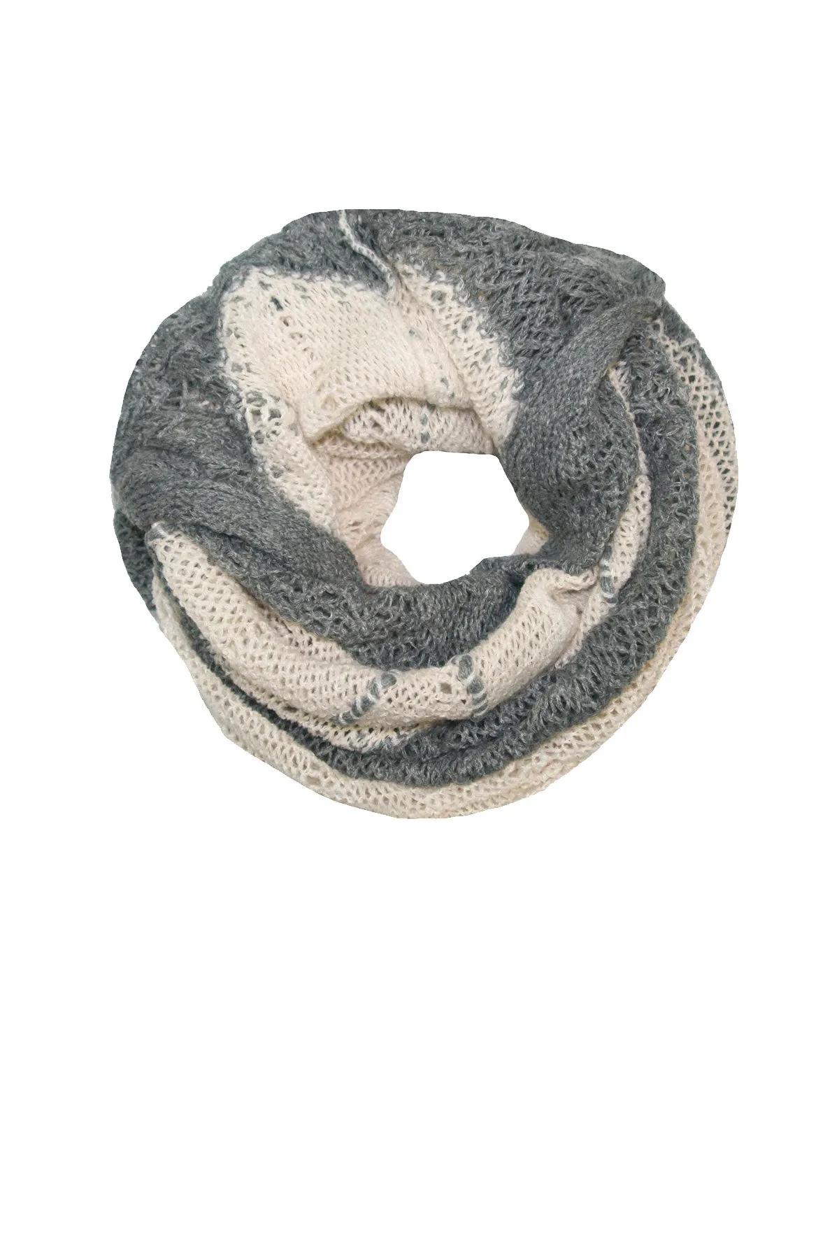 Hand Knit Convertible Scarf with Scalloped Edge in Cream-Grey