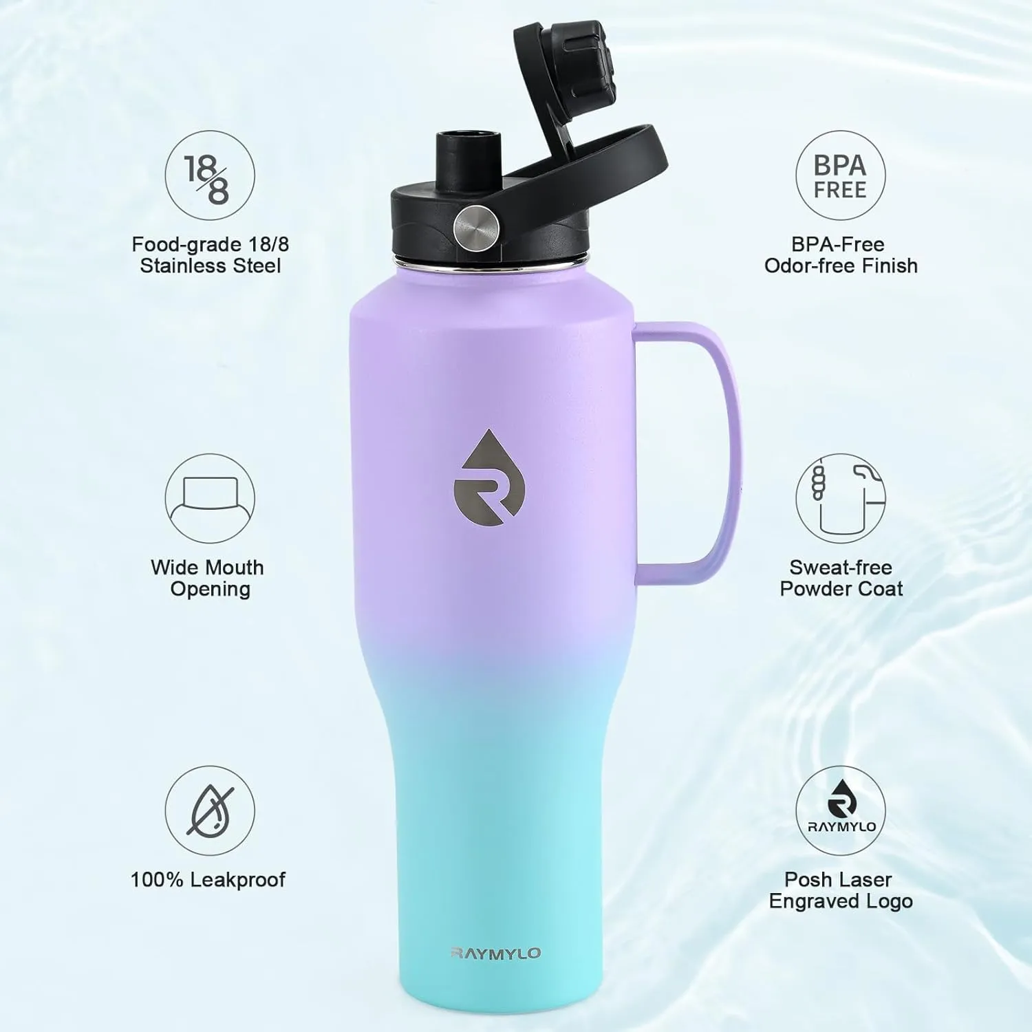 Insulated Water Bottle 40oz (Cold for 48 Hrs), Stainless Steel Water Bottle with Handle & Straw Lid & Paracord Handle, Triple Wall Vacuum Leakproof Travel Flask, Fit in Any Car Cup Holder