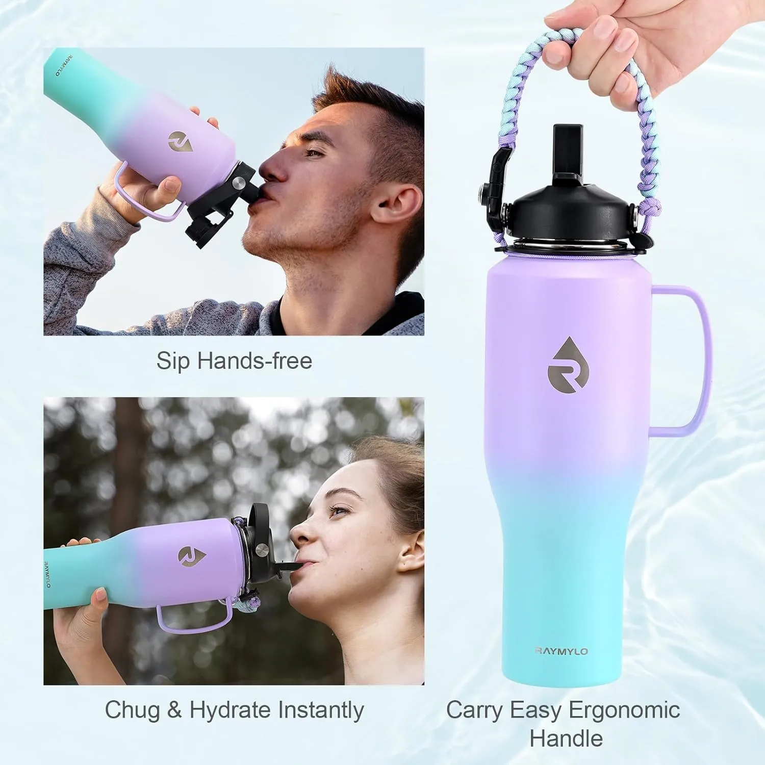Insulated Water Bottle 40oz (Cold for 48 Hrs), Stainless Steel Water Bottle with Handle & Straw Lid & Paracord Handle, Triple Wall Vacuum Leakproof Travel Flask, Fit in Any Car Cup Holder