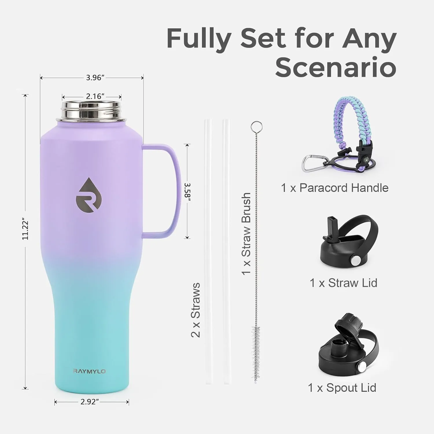 Insulated Water Bottle 40oz (Cold for 48 Hrs), Stainless Steel Water Bottle with Handle & Straw Lid & Paracord Handle, Triple Wall Vacuum Leakproof Travel Flask, Fit in Any Car Cup Holder