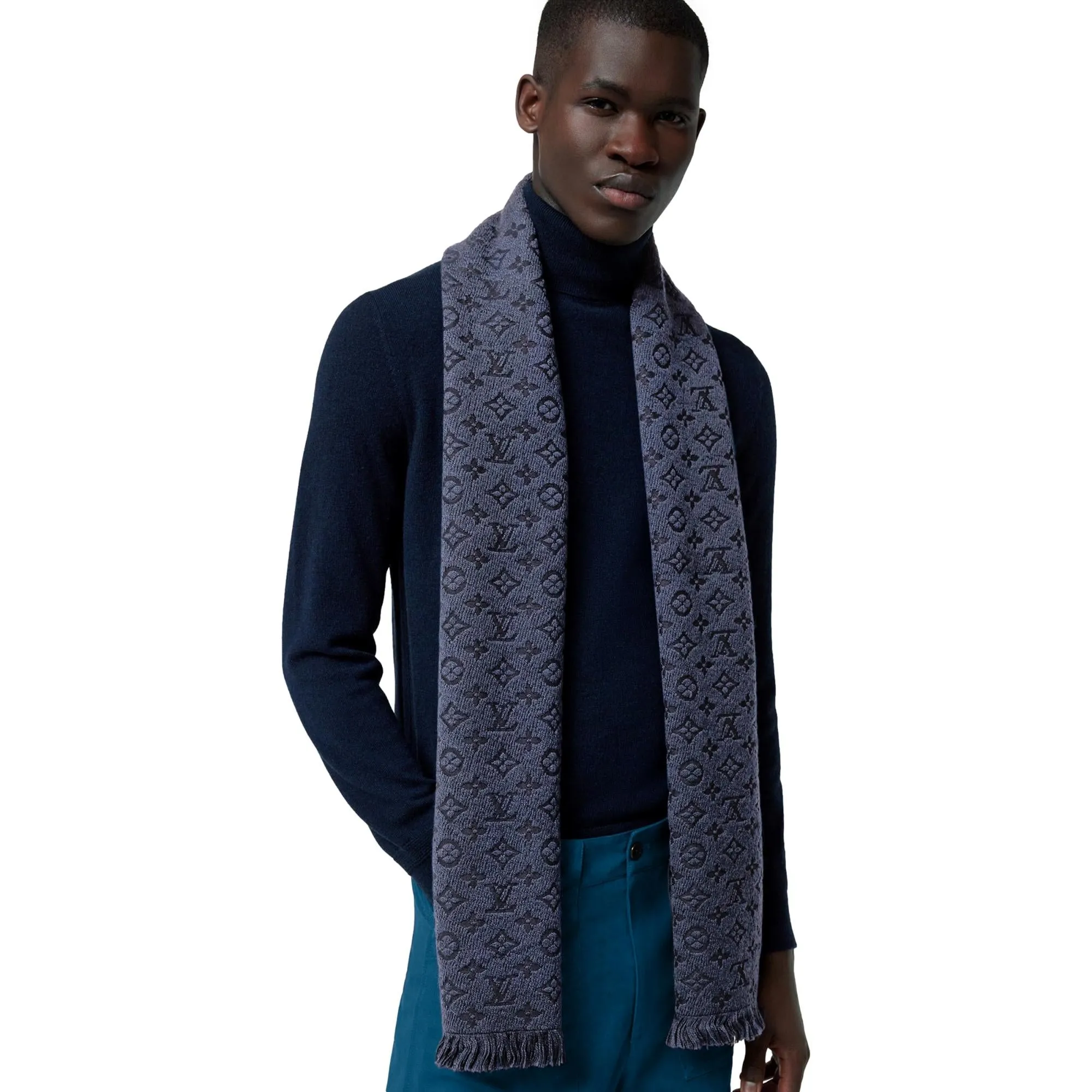 Louis Vuitton Classic Monogram Logo Navy Wool Fringe Scarf