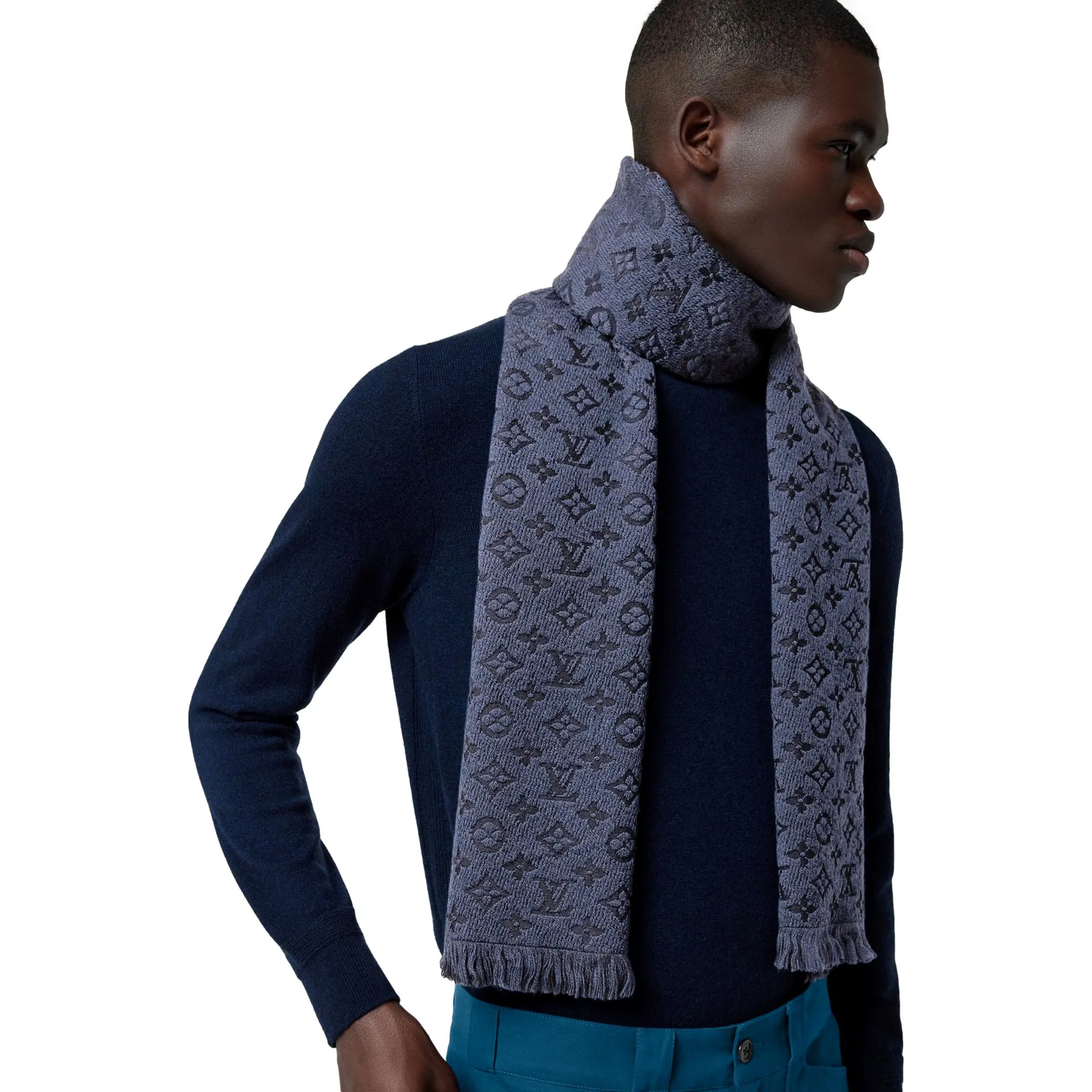 Louis Vuitton Classic Monogram Logo Navy Wool Fringe Scarf