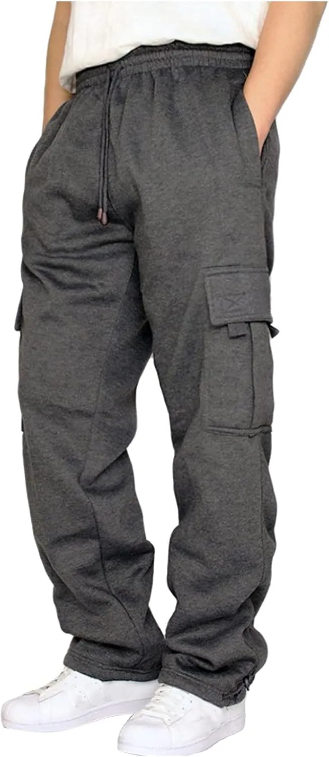 Mens Cargo Sweatpants with Multi Pockets Drawstring Elastic Waist Trousers Loose Casual Solid Color Long Pant
