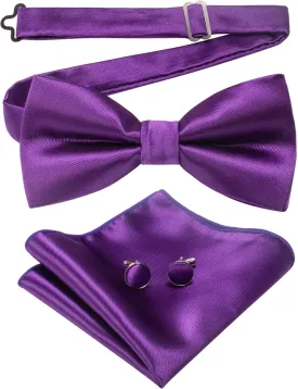 Mens Solid Color Pre-tied Bow Tie and Pocket Square Cufflink Set