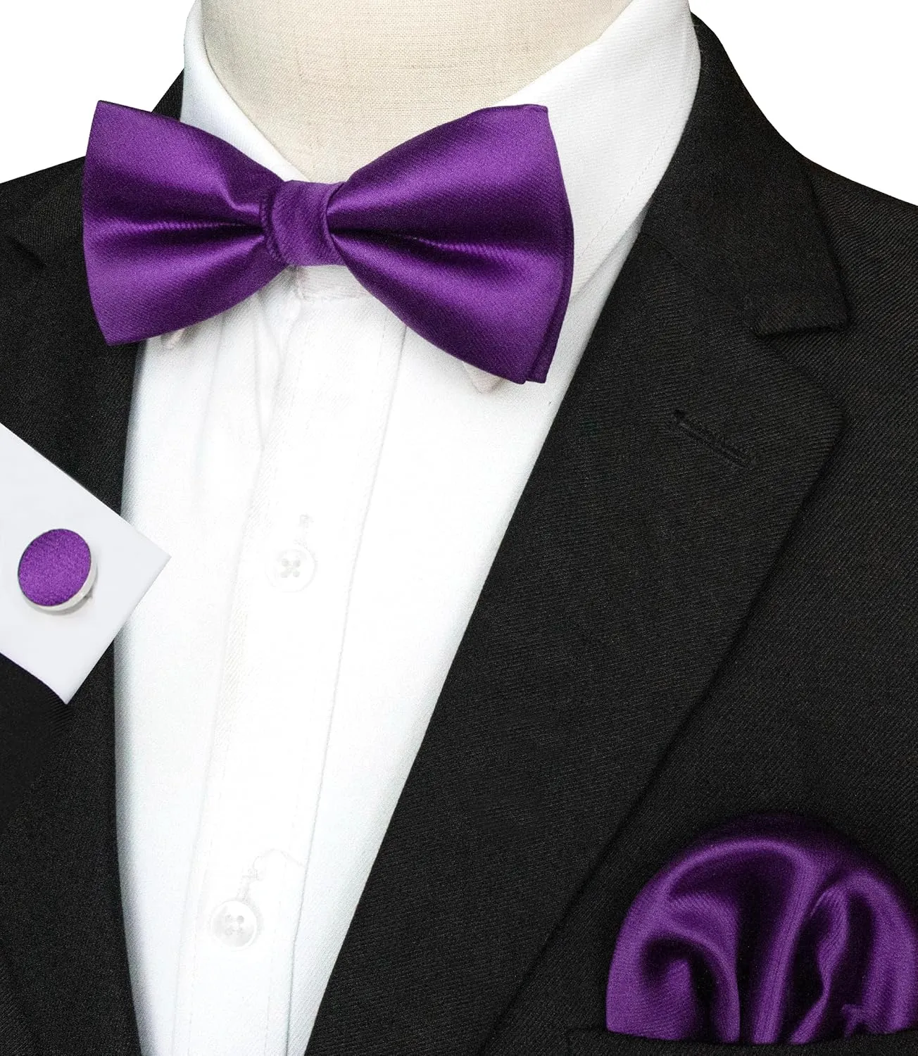 Mens Solid Color Pre-tied Bow Tie and Pocket Square Cufflink Set