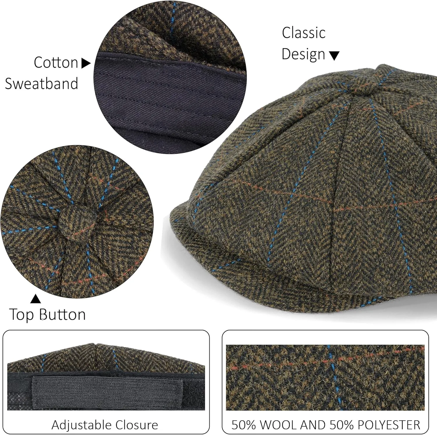 Mens Woolen Newsboy Cap Tweed Gatsby Ivy Cabbie Flat Golf Hat Present for Fathers Women Unisex