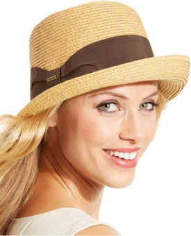 Nine West Women's Packable Upbrim Fedora Straw Hat, Natural & Black