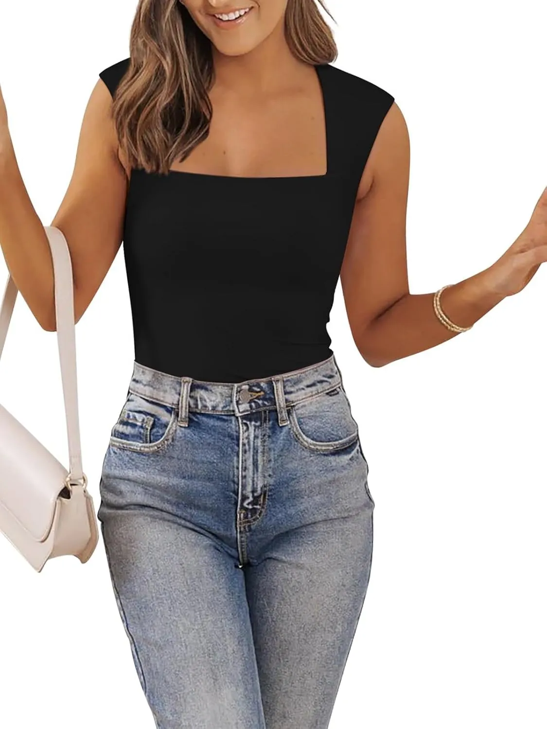 PINKMSTYLE Womens Basic Square Neck Tank Tops Double Lined Fitted Summer Tops Cute Sleeveless Shirts