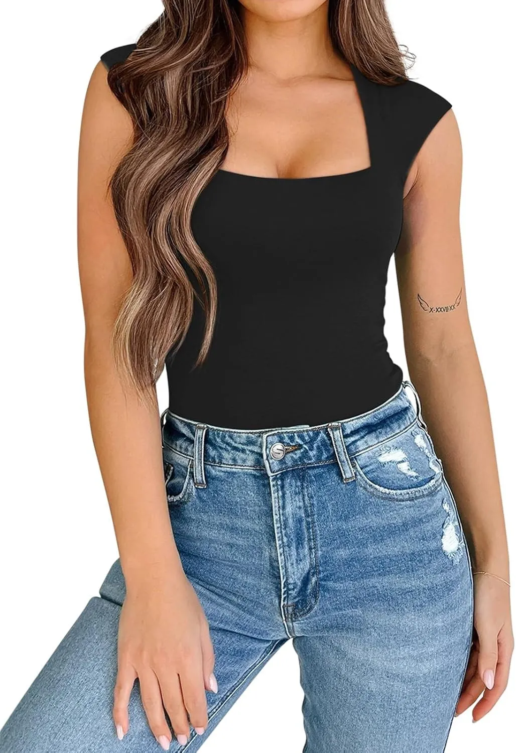 PINKMSTYLE Womens Basic Square Neck Tank Tops Double Lined Fitted Summer Tops Cute Sleeveless Shirts