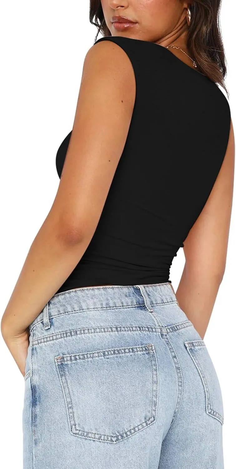 PINKMSTYLE Womens Basic Square Neck Tank Tops Double Lined Fitted Summer Tops Cute Sleeveless Shirts