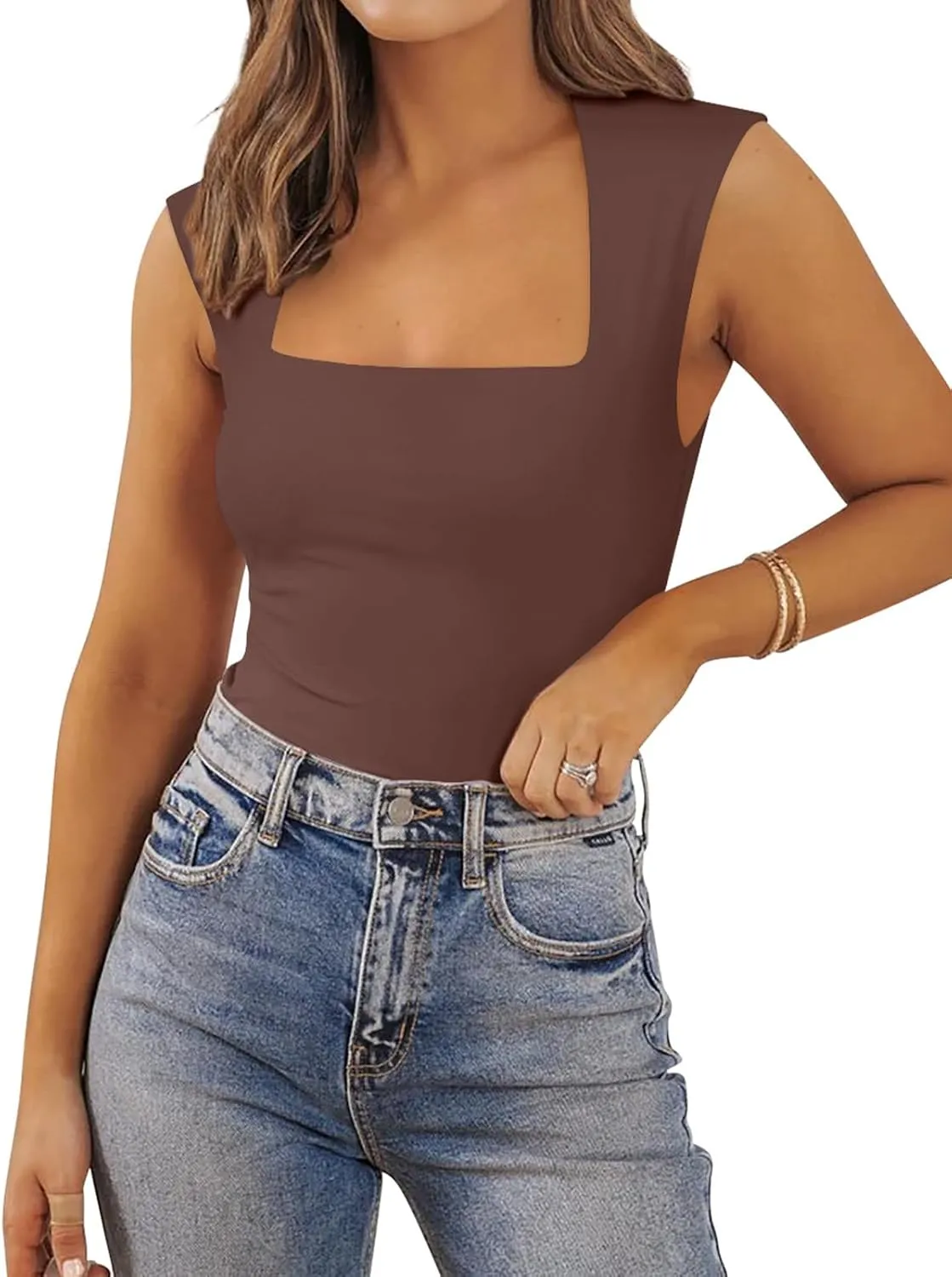 PINKMSTYLE Womens Basic Square Neck Tank Tops Double Lined Fitted Summer Tops Cute Sleeveless Shirts