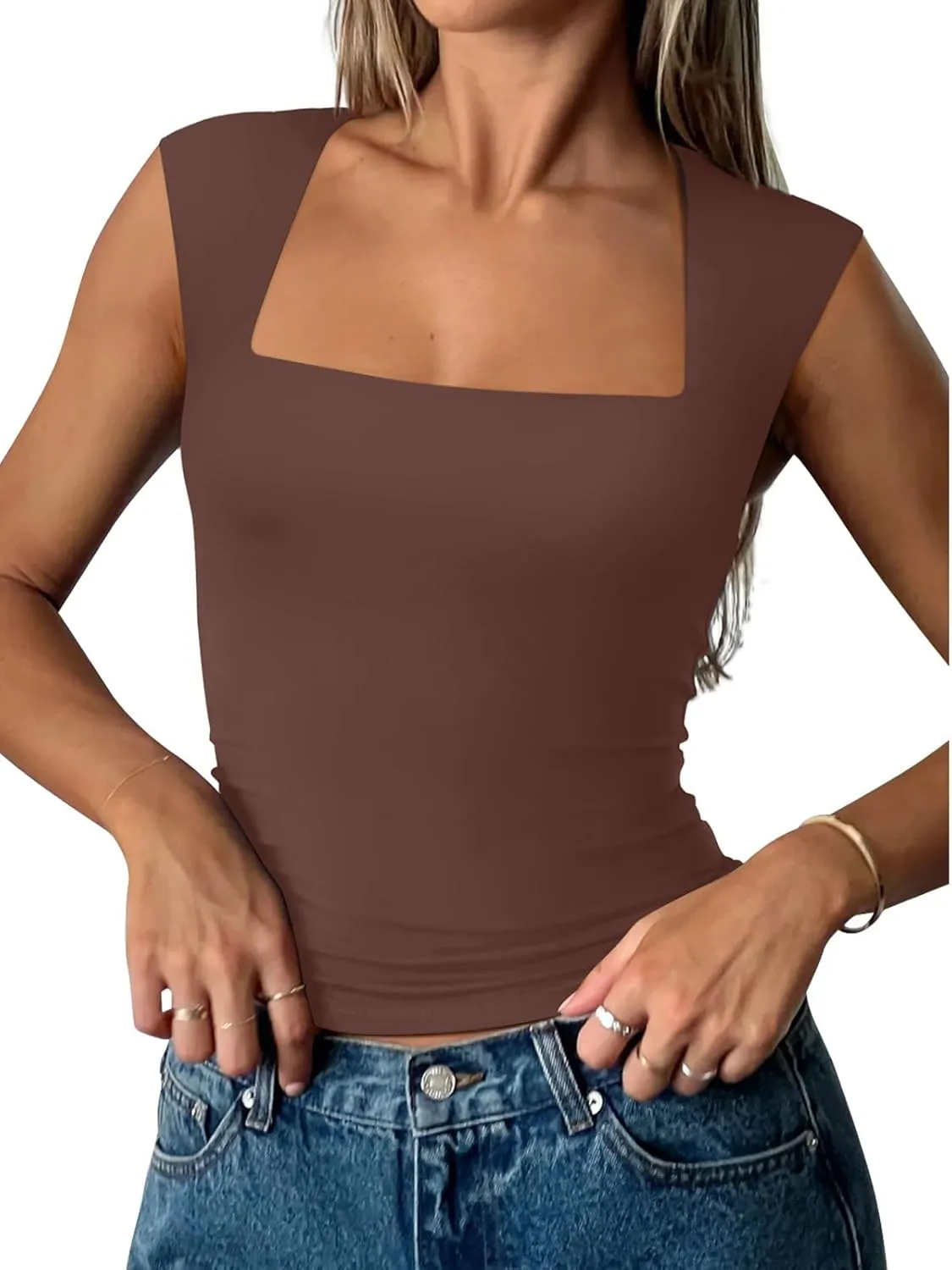 PINKMSTYLE Womens Basic Square Neck Tank Tops Double Lined Fitted Summer Tops Cute Sleeveless Shirts