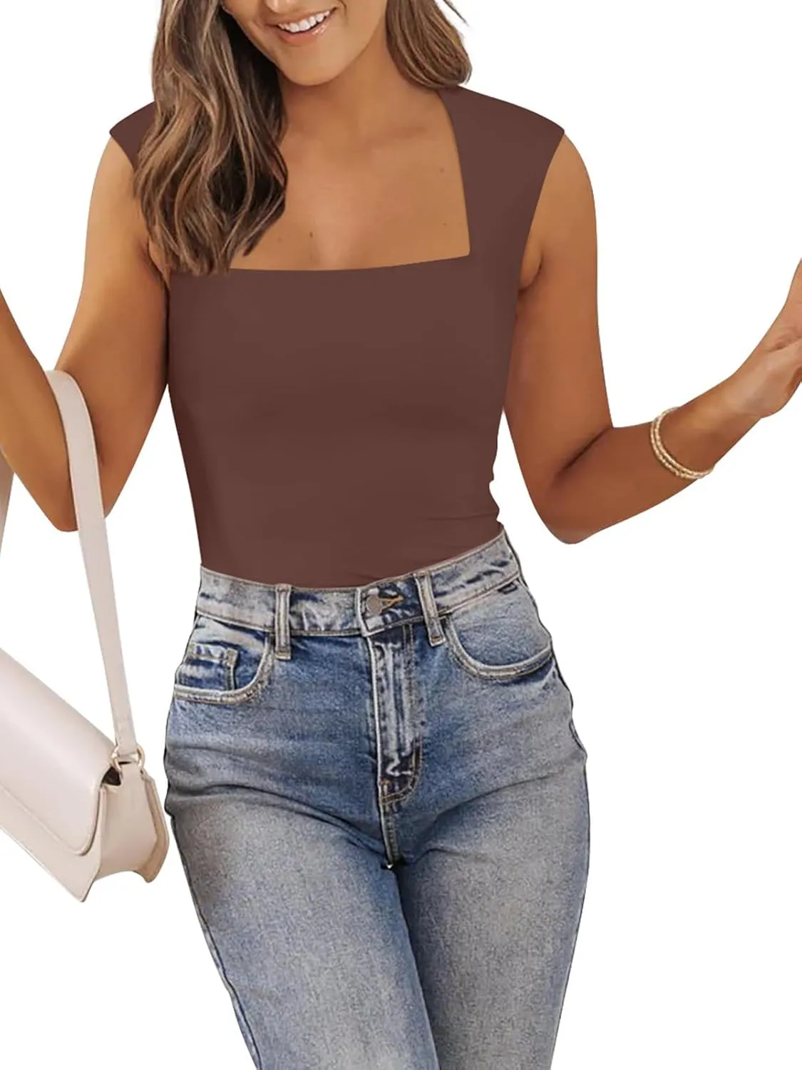 PINKMSTYLE Womens Basic Square Neck Tank Tops Double Lined Fitted Summer Tops Cute Sleeveless Shirts