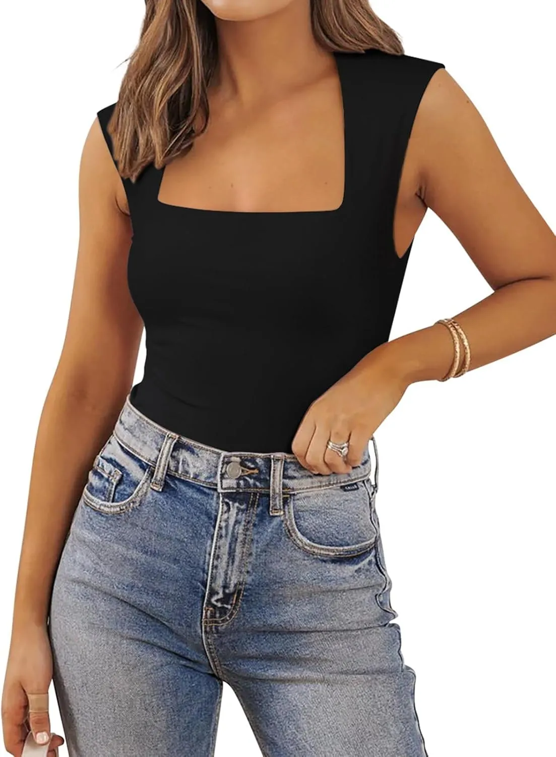 PINKMSTYLE Womens Basic Square Neck Tank Tops Double Lined Fitted Summer Tops Cute Sleeveless Shirts