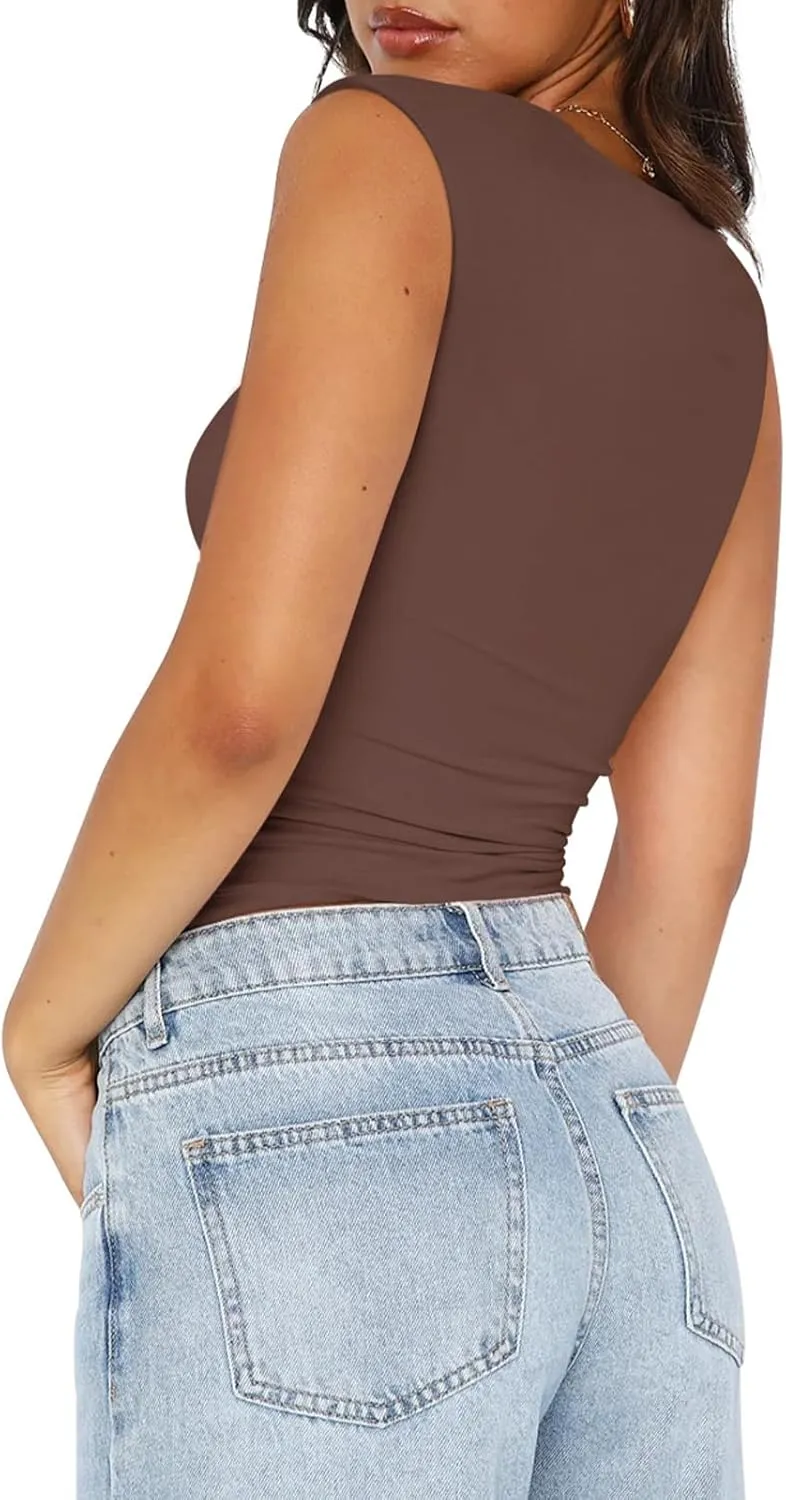 PINKMSTYLE Womens Basic Square Neck Tank Tops Double Lined Fitted Summer Tops Cute Sleeveless Shirts