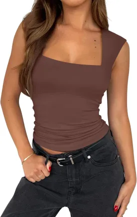 PINKMSTYLE Womens Basic Square Neck Tank Tops Double Lined Fitted Summer Tops Cute Sleeveless Shirts