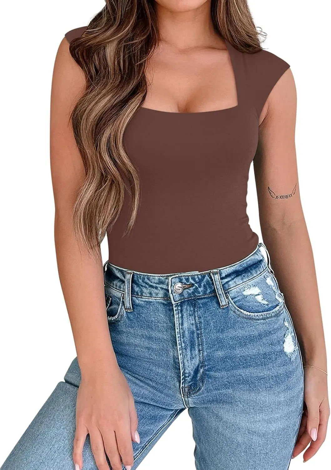 PINKMSTYLE Womens Basic Square Neck Tank Tops Double Lined Fitted Summer Tops Cute Sleeveless Shirts