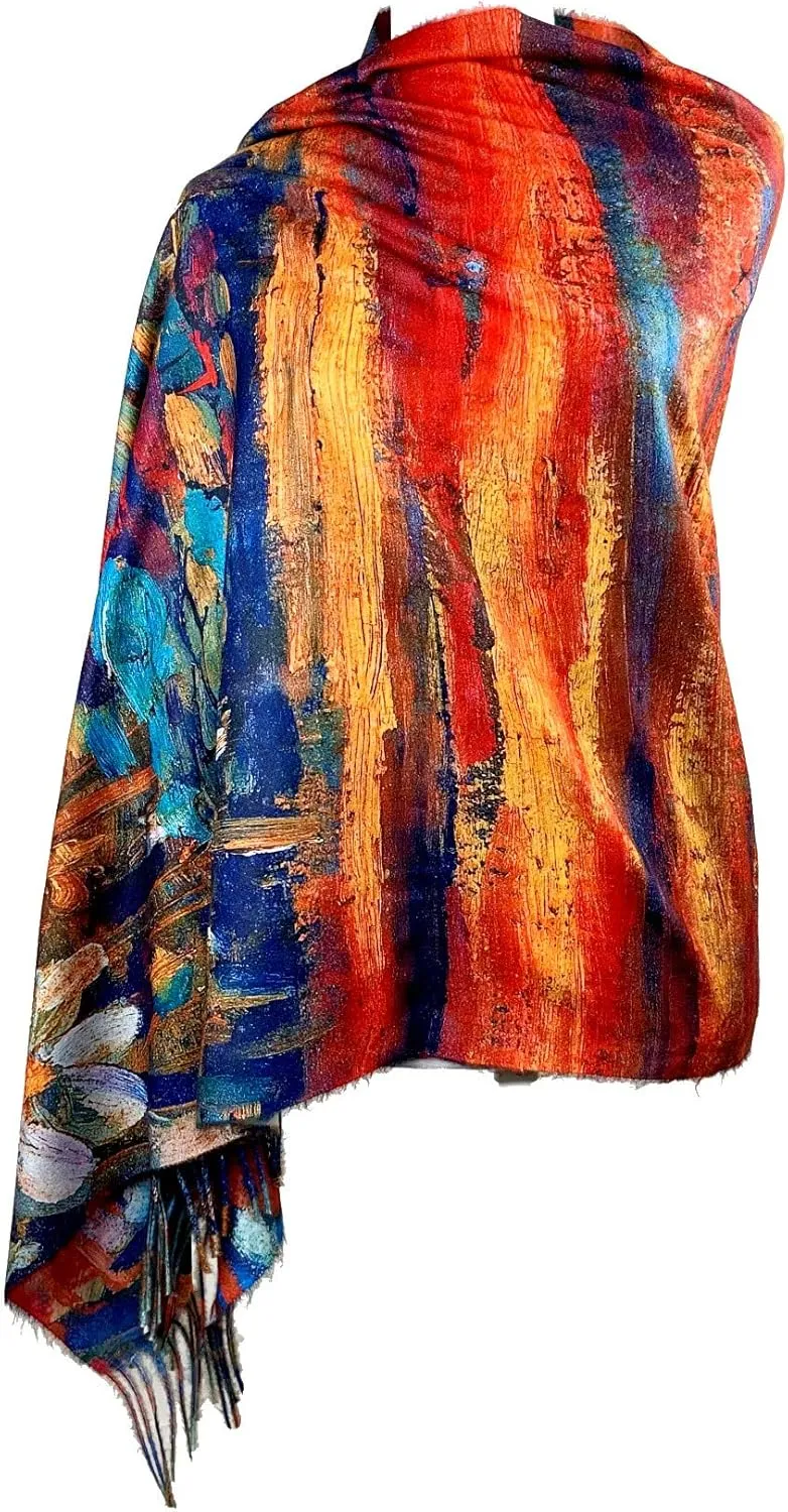 Plum Feathers Super Soft Cashmere Feel Double Sided Reversible Art Shawl Scarf Van Gogh Monet Klimt Inspired