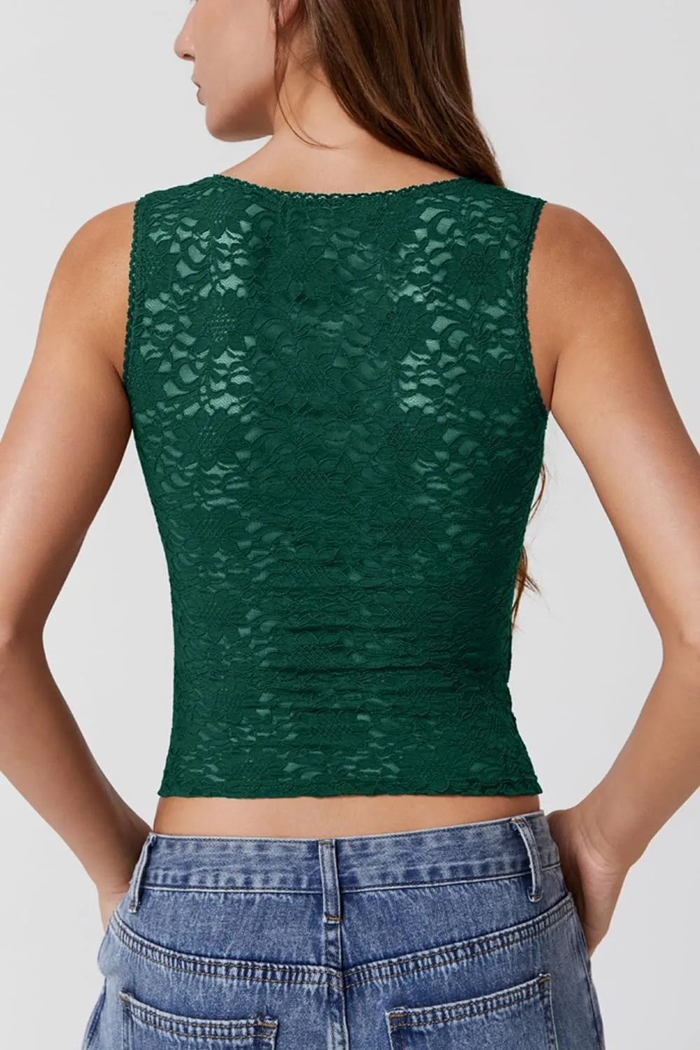 QINSEN Womens Lace Trim Square Neck Sleeveless Tank Tops Double-Layer Slim Fit T Shirt Crop Tops