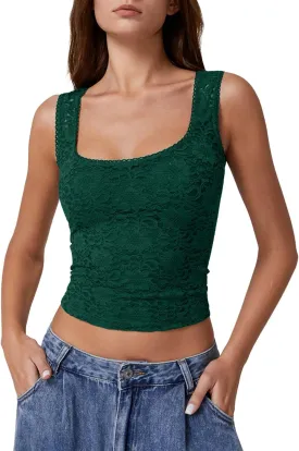 QINSEN Womens Lace Trim Square Neck Sleeveless Tank Tops Double-Layer Slim Fit T Shirt Crop Tops
