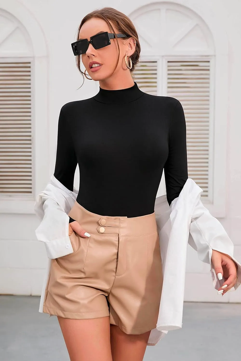 SHEIUGU Womens Sleeveless Long Sleeve Mock Turtle Neck Bodysuit Soft Slim Fit Stretchy Layer Top Classic Jumpsuit