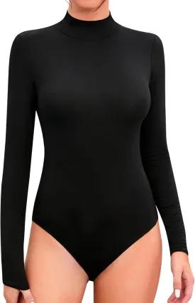 SHEIUGU Womens Sleeveless Long Sleeve Mock Turtle Neck Bodysuit Soft Slim Fit Stretchy Layer Top Classic Jumpsuit