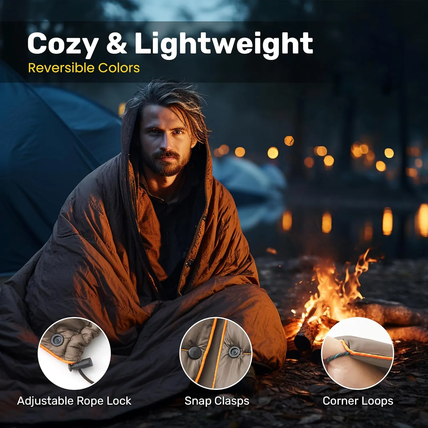 UNIKOME Outdoor Packable Camping Blanket, Lightweight Travel Blanket for Camping, Dual-Sides Puffy Down Alternative Camping Blanket with Snap Clasps, 75"52", Brown
