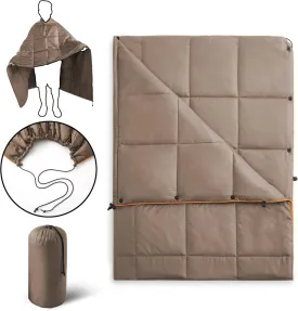 UNIKOME Outdoor Packable Camping Blanket, Lightweight Travel Blanket for Camping, Dual-Sides Puffy Down Alternative Camping Blanket with Snap Clasps, 75"52", Brown