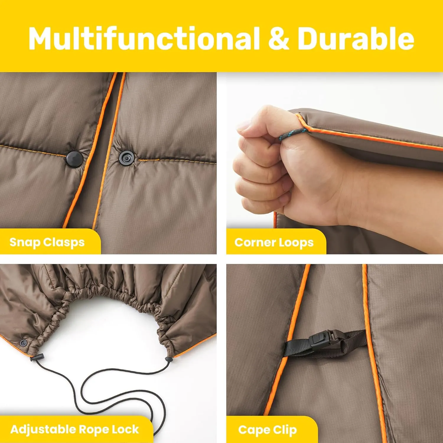 UNIKOME Outdoor Packable Camping Blanket, Lightweight Travel Blanket for Camping, Dual-Sides Puffy Down Alternative Camping Blanket with Snap Clasps, 75"52", Brown